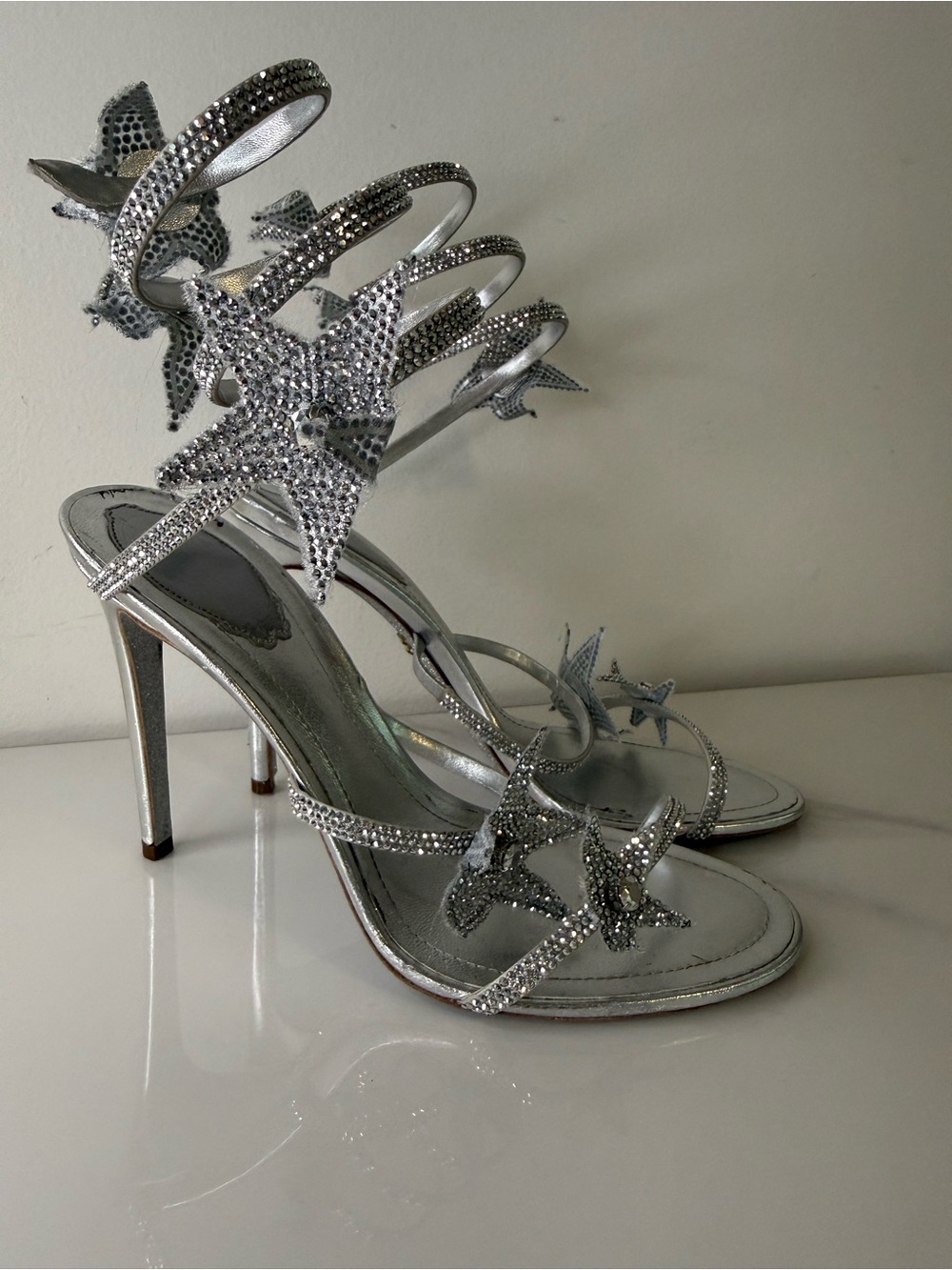 René Caovilla Cleo Star Silver Crystal Spiral Heels Sandals